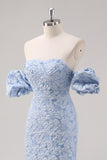 Blue Strapless Floral Printed Sheath Formal Dress with Detachable Sleeves