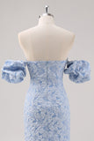 Blue Strapless Floral Printed Sheath Formal Dress with Detachable Sleeves