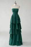 Dark Green Strapless Tiered Chiffon Bridesmaid Dress