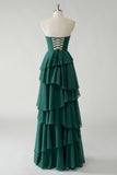 Dark Green Strapless Tiered Chiffon Bridesmaid Dress