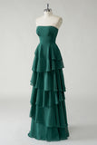 Dark Green Strapless Tiered Chiffon Bridesmaid Dress