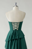 Dark Green Strapless Tiered Chiffon Bridesmaid Dress