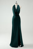 Cowl Neck Pine Satin Sheath Bridesmaid Dress with Slit