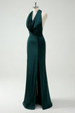 Cowl Neck Pine Satin Sheath Bridesmaid Dress with Slit