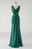 Chiffon Dark Green Cowl Neck Sheath Bridesmaid Dress with Slit