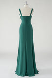 Chiffon Dark Green Cowl Neck Sheath Bridesmaid Dress with Slit