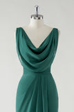 Chiffon Dark Green Cowl Neck Sheath Bridesmaid Dress with Slit