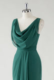 Chiffon Dark Green Cowl Neck Sheath Bridesmaid Dress with Slit