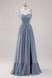 Dusty Blue Corset A Line Pleated Bridesmaid Dress with Slit