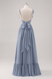 Dusty Blue Corset A Line Pleated Bridesmaid Dress with Slit