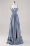 Dusty Blue Corset A Line Pleated Bridesmaid Dress with Slit