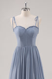 Dusty Blue Corset A Line Pleated Bridesmaid Dress with Slit