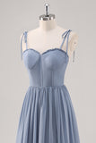 Dusty Blue Corset A Line Pleated Bridesmaid Dress with Slit