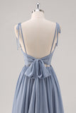 Dusty Blue Corset A Line Pleated Bridesmaid Dress with Slit