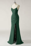 Mermaid Dark Green Ruched Bridesmaid Dress with Slit