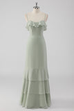 Dusty Sage Spaghetti Straps Tiered A Line Bridesmaid Dress with Ruffles