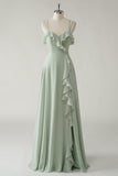 Dusty Sage Ruffled Chiffon A-Line Bridesmaid Dress with Slit