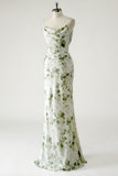 Sheath Cowl Neck Green Floral Bridesmaid Dress