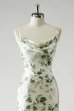 Sheath Cowl Neck Green Floral Bridesmaid Dress