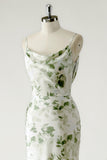 Sheath Cowl Neck Green Floral Bridesmaid Dress