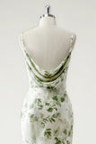 Sheath Cowl Neck Green Floral Bridesmaid Dress