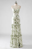 Halter Corset Green Floral Tiered Bridesmaid Dress with Slit