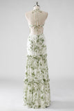 Halter Corset Green Floral Tiered Bridesmaid Dress with Slit