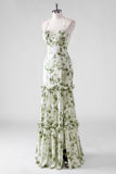 Halter Corset Green Floral Tiered Bridesmaid Dress with Slit