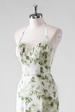 Halter Corset Green Floral Tiered Bridesmaid Dress with Slit