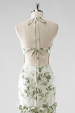 Halter Corset Green Floral Tiered Bridesmaid Dress with Slit