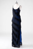 Sheath Ruffled Black Blue Overlay Bridesmaid Dress with Slit