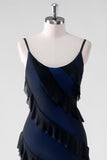 Sheath Ruffled Black Blue Overlay Bridesmaid Dress with Slit