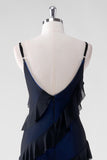 Sheath Ruffled Black Blue Overlay Bridesmaid Dress with Slit