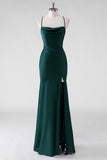 Pine Satin Sheath Spaghetti Straps Bridesmaid Dress with Slit