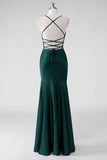 Pine Satin Sheath Spaghetti Straps Bridesmaid Dress with Slit