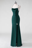 Pine Satin Sheath Spaghetti Straps Bridesmaid Dress with Slit