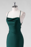 Pine Satin Sheath Spaghetti Straps Bridesmaid Dress with Slit