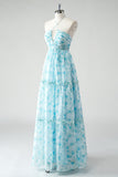 Blue Floral Halter Tiered A-Line Bridesmaid Dress