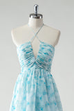 Blue Floral Halter Tiered A-Line Bridesmaid Dress