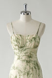 Sage Flower Spaghetti Straps A-Line Bridesmaid Dress