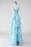 Blue Floral Corset Tiered A-Line Bridesmaid Dress with Slit