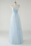 Sky Blue Corset Tulle A-Line Bridesmaid Dress with Bow