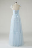 Sky Blue Corset Tulle A-Line Bridesmaid Dress with Bow