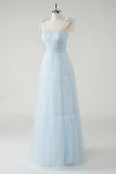 Sky Blue Corset Tulle A-Line Bridesmaid Dress with Bow