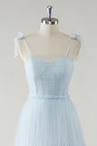 Sky Blue Corset Tulle A-Line Bridesmaid Dress with Bow