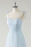 Sky Blue Corset Tulle A-Line Bridesmaid Dress with Bow