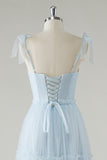 Sky Blue Corset Tulle A-Line Bridesmaid Dress with Bow