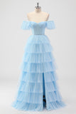 Sky Blue Corset Tiered A Line Bridesmaid Dress with Slit