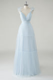 Sky Blue Tulle A-Line Cut Out Bridesmaid Dress with Ruffles