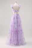 Lavender Cut Out Floral A Line Floor Length Bridesmaid Dress